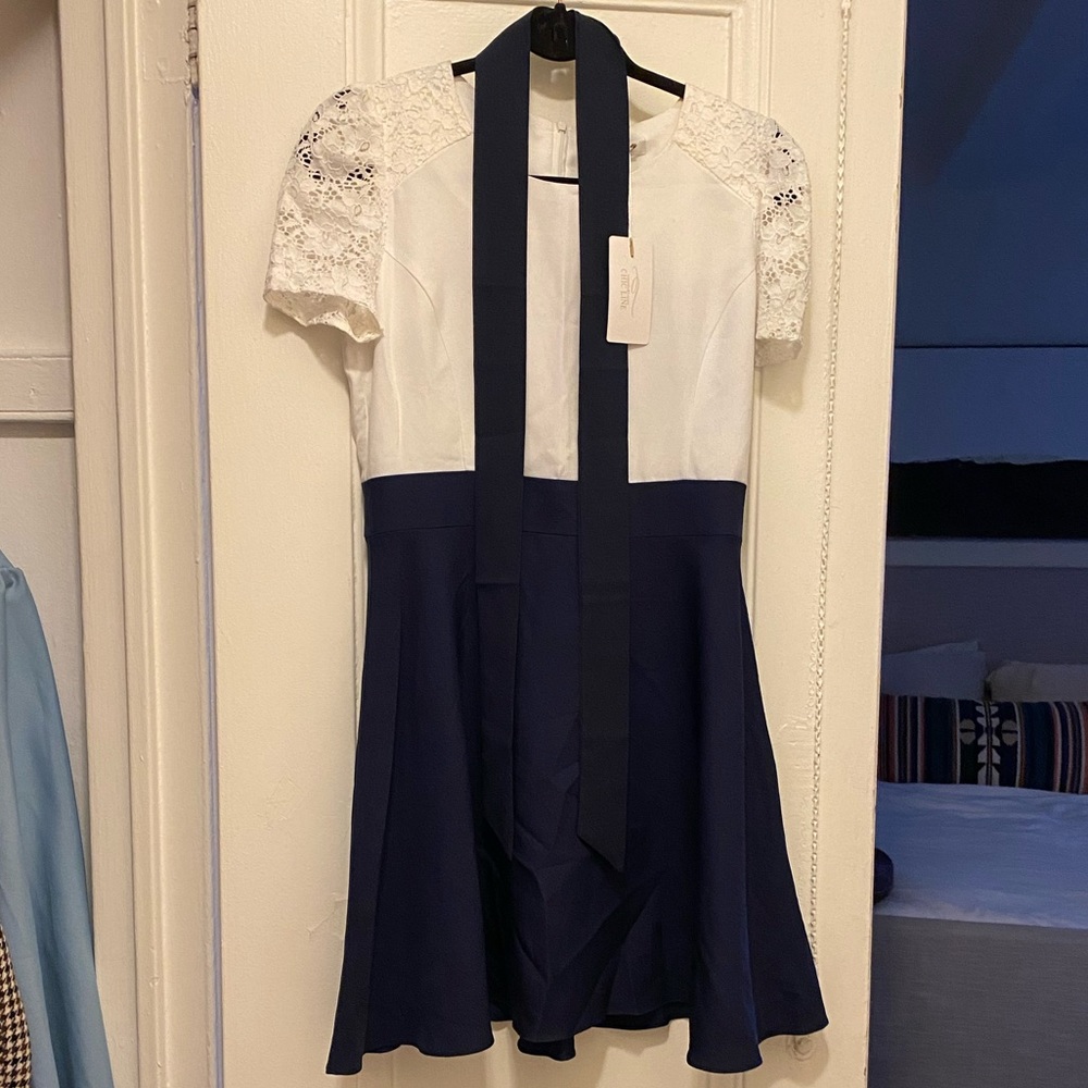 NWT Navy White Colorblock Tie Waist Lace Eyelet Short Sleeve Mini Dress